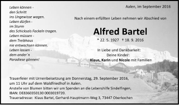 Traueranzeige von Alfred Bartel von Schwäbische Post