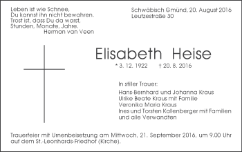 Traueranzeige von Elisabeth Heise von Gmünder Tagespost
