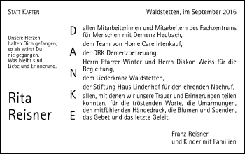Traueranzeige von Rita Reisner von Gmünder Tagespost