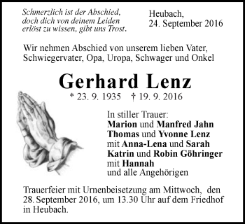 Traueranzeige von Gerhard Lenz von Gmünder Tagespost