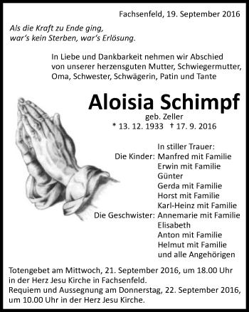 Traueranzeige von Aloisia Schimpf von Schwäbische Post