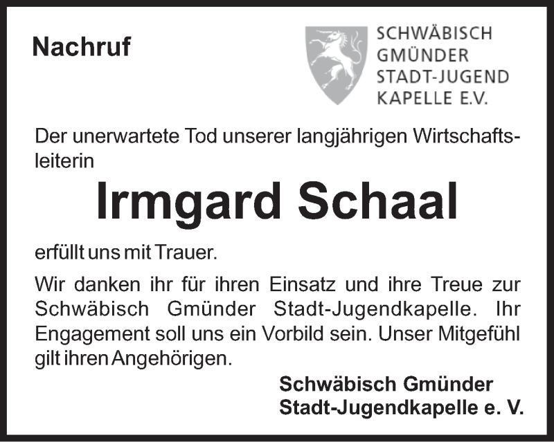  Traueranzeige für Irmgard Schaal vom 10.09.2016 aus Gmünder Tagespost