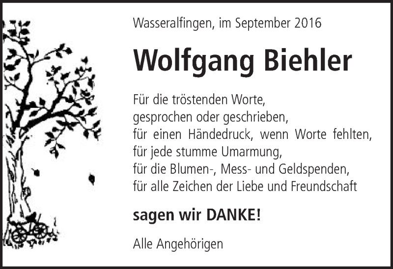  Traueranzeige für Wolfgang Biehler vom 17.09.2016 aus Schwäbische Post