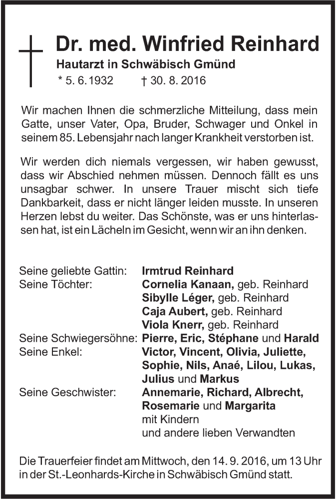  Traueranzeige für Winfried  Reinhard vom 13.09.2016 aus Gmünder Tagespost