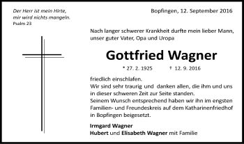 Traueranzeige von Gottfried Wagner von Schwäbische Post
