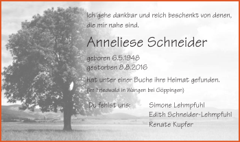 Traueranzeige von Anneliese Schneider von Gmünder Tagespost