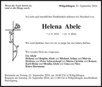 Traueranzeige von Helena Abele von Gmünder Tagespost