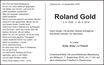 Traueranzeige von Roland Gold von Schwäbische Post