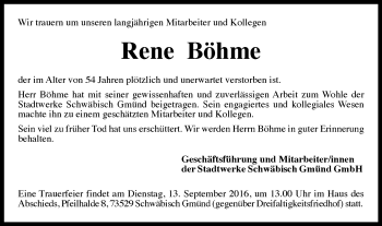Traueranzeige von Rene Böhme von Gmünder Tagespost