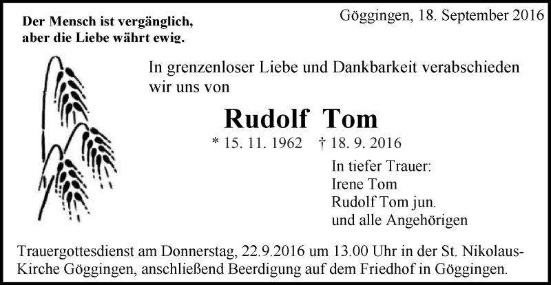  Traueranzeige für Rudolf Tom vom 20.09.2016 aus Gmünder Tagespost