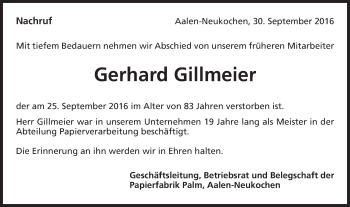 Traueranzeige von Gerhard Gillmeier von Schwäbische Post