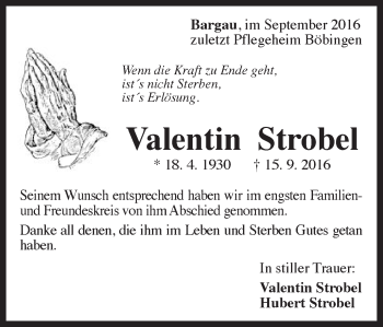 Traueranzeige von Valentin Strobel von Gmünder Tagespost