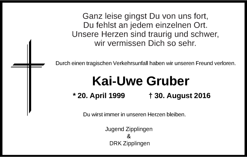  Traueranzeige für Kai-Uwe Gruber vom 05.09.2016 aus Schwäbische Post