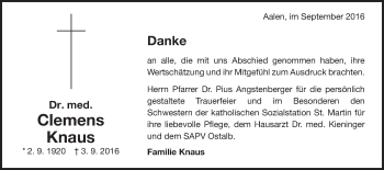 Traueranzeige von Clemens Knaus von Schwäbische Post