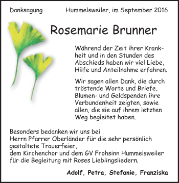 Traueranzeige von Rosemarie Brunner von Schwäbische Post