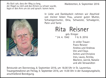 Traueranzeige von Rita Reisner von Gmünder Tagespost