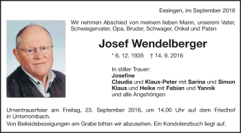 Traueranzeige von Josef Wendelberger von Schwäbische Post