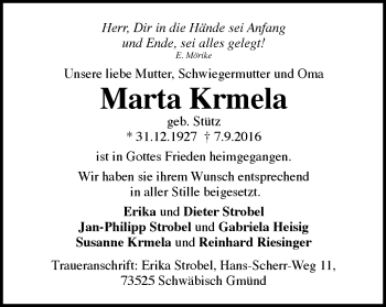 Traueranzeige von Marta Krmela von Gmünder Tagespost