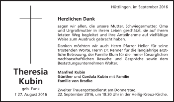 Traueranzeige von Theresia Kubin von Schwäbische Post
