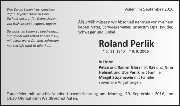 Traueranzeige von Roland Perlik von Schwäbische Post
