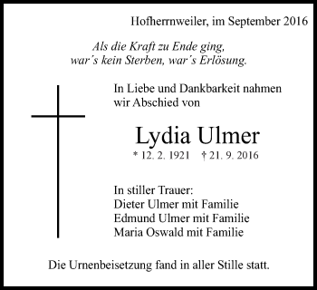 Traueranzeige von Lydia Ulmer von Schwäbische Post