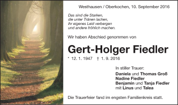 Traueranzeige von Gert-Holger Fiedler von Schwäbische Post