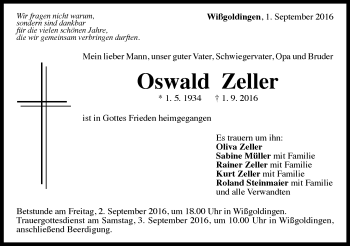 Traueranzeige von Oswald Zeller von Gmünder Tagespost