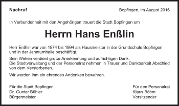 Traueranzeige von Hans Enßlin von Bopfinger Stadtanzeiger