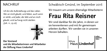 Traueranzeige von Rita Reisner von Gmünder Tagespost