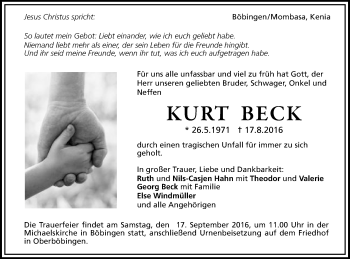 Traueranzeige von Kurt Beck von Gmünder Tagespost