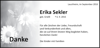 Traueranzeige von Erika Sekler von Schwäbische Post