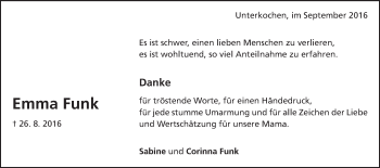 Traueranzeige von Emma Funk von Schwäbische Post