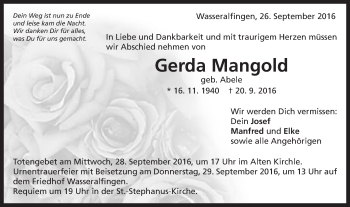 Traueranzeige von Gerda Mangold von Schwäbische Post