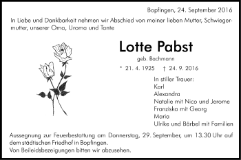 Traueranzeige von Lotte Pabst von Schwäbische Post