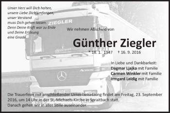 Traueranzeige von Günther Ziegler von Gmünder Tagespost