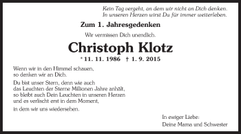Traueranzeige von Christoph Klotz von Schwäbische Post