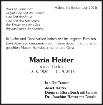 Traueranzeige von Maria Heiter von Schwäbische Post