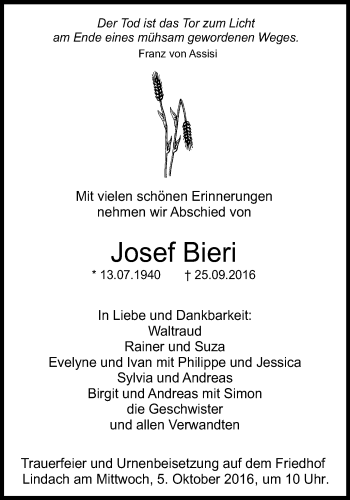 Traueranzeige von Josef Bieri von Gmünder Tagespost
