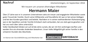 Traueranzeige von Hermann Maier von Schwäbische Post