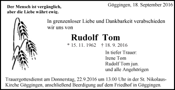 Traueranzeige von Rudolf Tom von Gmünder Tagespost