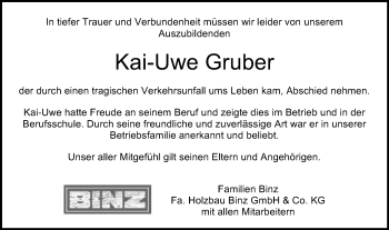 Traueranzeige von Kai-Uwe Gruber von Schwäbische Post