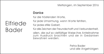 Traueranzeige von Elfriede Bader von Gmünder Tagespost