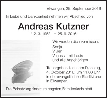 Traueranzeige von Andreas Kutzner von Schwäbische Post