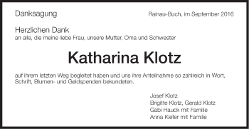 Traueranzeige von Katharina Klotz von Schwäbische Post