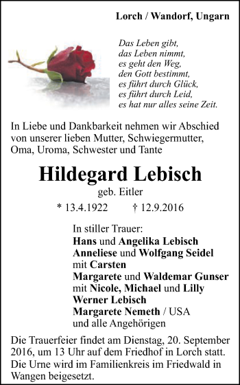 Traueranzeige von Hildegard Lebisch von Gmünder Tagespost