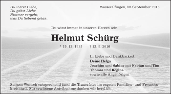 Traueranzeige von Helmut Schürg von Schwäbische Post