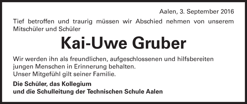  Traueranzeige für Kai-Uwe Gruber vom 03.09.2016 aus Schwäbische Post