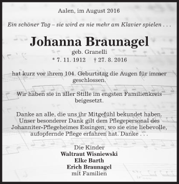 Traueranzeige von Johanna Braunagel von Schwäbische Post