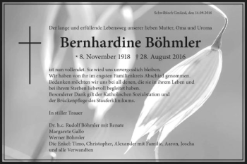 Traueranzeige von Bernhardine Böhmler von Gmünder Tagespost