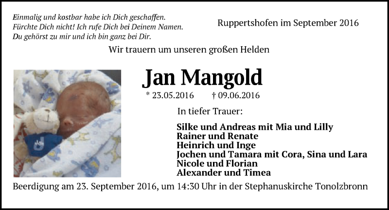  Traueranzeige für Jan Mangold vom 20.09.2016 aus Gmünder Tagespost